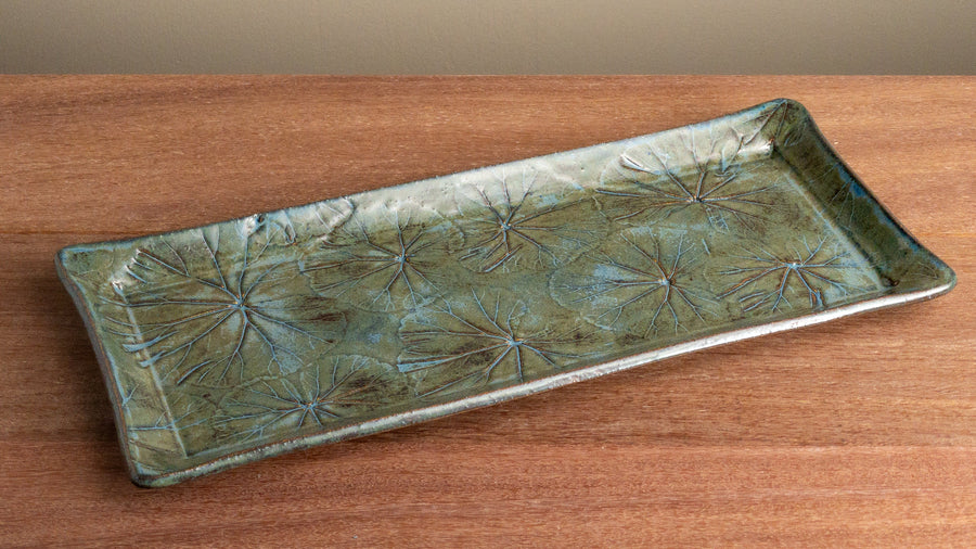 Leaf Motif Long Platter 13" Blue Moss